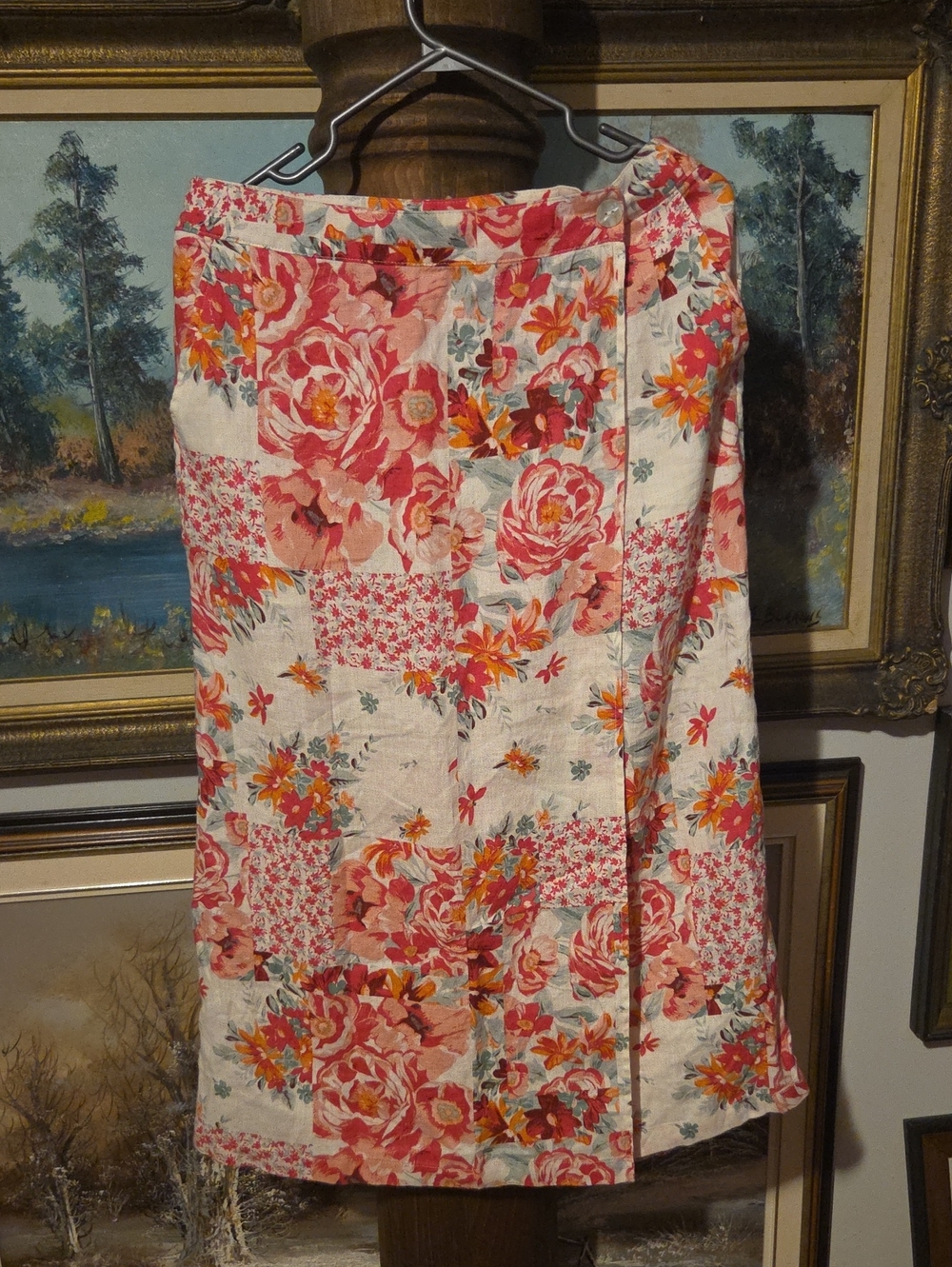 Haute Hippie Coral & Cream Floral Patchwork Midi Skirt